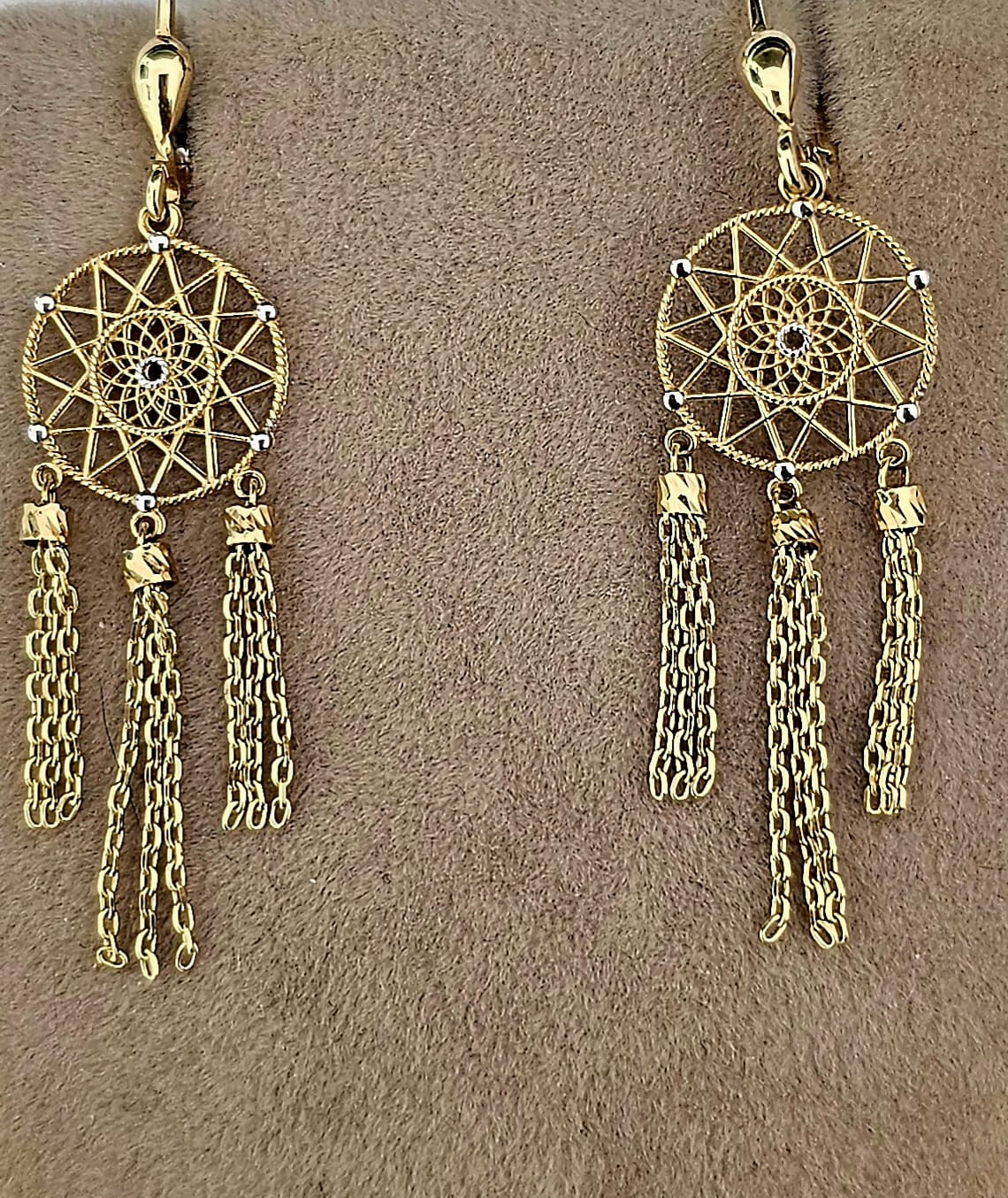 Cercei aur 14K model dreamcatcher cu lănțișoare mobile – Bijuterie nouă, simbolică și rafinată | Maria Gold